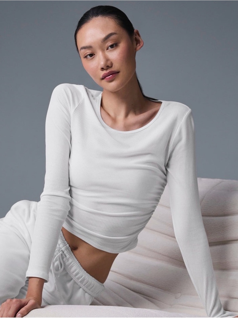 ALO Yoga White Ribbed Long-Sleeve Crew Top
